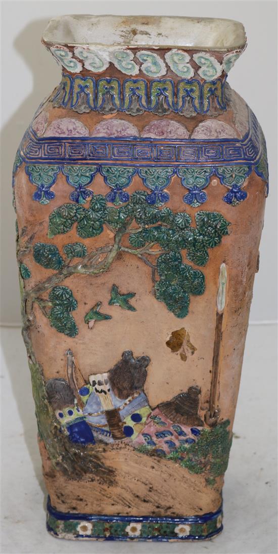 A large Chinese colour tinted pottery rectangular baluster vase, early 20th century, 42cm, slight restorations